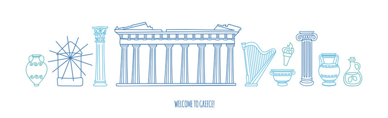 Vector modern illustration Welcome to Greece. Doodle Parthenon, antique columns, vases in blue color. Famous Greek symbols and landmarks. Panoramic city view for web banner or greeting card design.