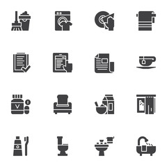 Daily routine vector icons set, modern solid symbol collection, filled style pictogram pack. Signs, logo illustration. Set includes icons as cleaning, dishwashing, planning, morning breakfast, shower