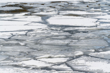 Ice melts on the lake in the spring. The beginning of spring warming. Danger of going out on the ice.