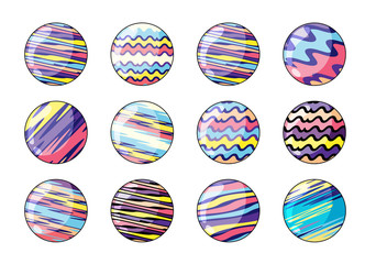 Cute multicolor striped balls isolated on white. Vector illustration