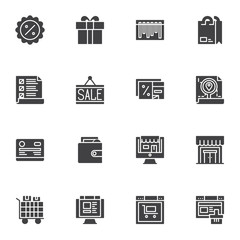 E-commerce vector icons set, modern solid symbol collection, Online shopping filled style pictogram pack. Signs logo illustration. Set includes icons as discount label, shopping bag, package tracking
