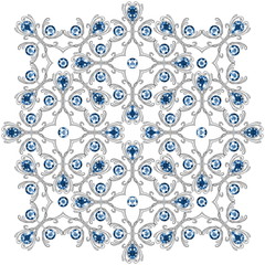 Square jewelry pattern with decorative silver scrolls and gems