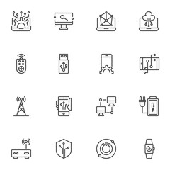 Fototapeta premium Electronic technology line icons set. linear style symbols collection, outline signs pack. vector graphics. Set includes icons as broadcast antenna, wireless remote control, usb, computer connection