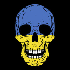 Human skull with Ukrainian flag isolated on black background