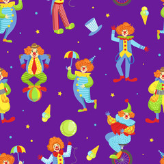 Seamless Pattern with Funny Circus Clowns, Circus Performance Design Element Can Be Used for Fabric, Wallpaper, Packaging, Web Page Vector Illustration