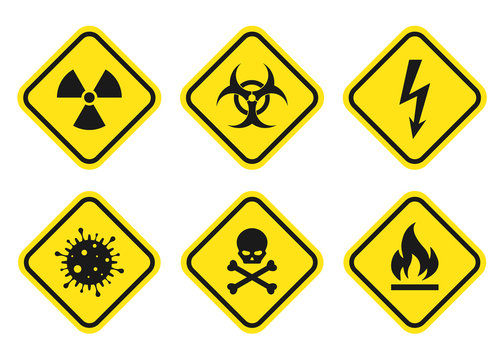 Warning signs set - danger, radiation, biohazard, death, voltage, flame, virus