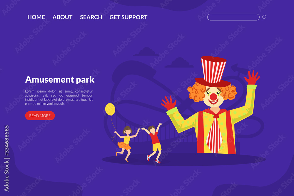 Sticker Amusement Park Landing Page Template, Circus Performance with Funny Clowns Web Page, Mobile App, Homepage Vector Illustration