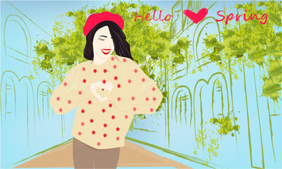 Hello Spring banner with cute girl on a street. Buildings, greens, building silhouettes, spring