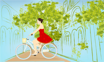 Banner with cute girl on a bike on a street. Buildings, greens, building silhouettes, spring