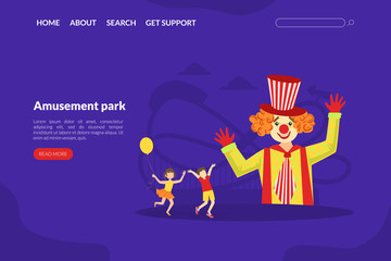 Amusement Park Landing Page Template, Circus Performance with Funny Clowns Web Page, Mobile App, Homepage Vector Illustration