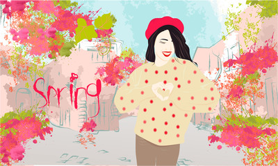 Spring banner with cute girl on a street. Buildings, greens and flowers, spring