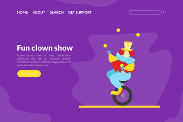 Fun Clown Show Landing Page Template, Circus Performance with Funny Juggling Comedian Web Page, Mobile App, Homepage Vector Illustration