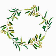 Watercolor illustration.Round frame of olive branches. Isolated object on white background.For design, textile, cards