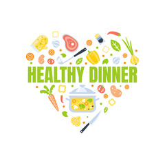 Healthy Dinner Banner Template with Kitchen Utensils and Fresh Products of Heart Shape Vector Illustration