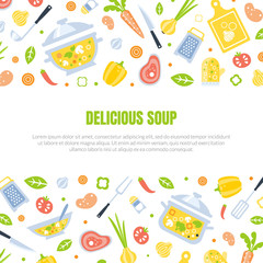 Delicious Soup Banner Template with Kitchenware and Healthy Fresh Products for Cooking Pattern Vector Illustration