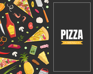 Pizza Card Template with Ingredients, Cooking Book, Restaurant or Cafe Menu Element Vector Illustration