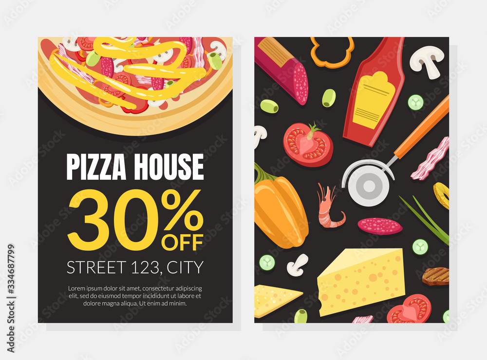 Sticker Pizza House Card Template with Cooking Ingredients, Element Can be Used for Restaurant or Cafe Menu, Flyer, Certificate Vector Illustration