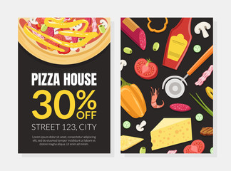 Pizza House Card Template with Cooking Ingredients, Element Can be Used for Restaurant or Cafe Menu, Flyer, Certificate Vector Illustration