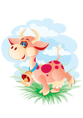 cow character with a big bell on his neck, walks in the meadow, vector illustration, eps