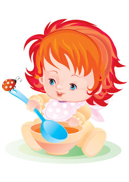 a child eats from a plate with a large spoon, a ladybug sits on a spoon, vector illustration, eps