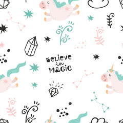 Seamless pattern with magic unicorns