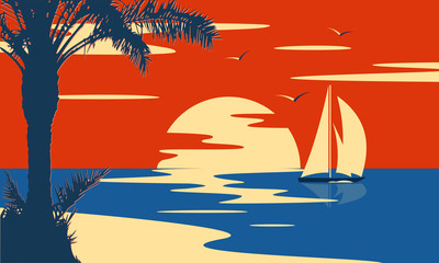 Tropical sea sunset or sunrise with palm tree and yacht. Nature landscape and seascape.