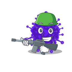 A cartoon picture of nidovirales in Army style with machine gun