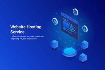 Website hosting, global internet server, data storage, business and communication technology concept. 3d style isometric web banner with text. - obrazy, fototapety, plakaty