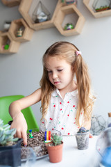 Beautiful girl plants succulents in a glass florarium at a lesson in a creativity studio