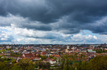Fototapeta na wymiar April 27, 2018 Vilnius, Lithuania. View of the old city of Vilnius from Three Cross Mountain.