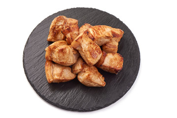 Roasted pork kebab. Grilled meat pieces, BBQ, isolated on white background