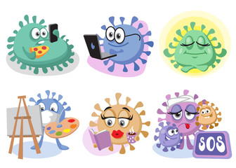 Funny coronavirus Covid 19 set. Vector flat style cartoon character illustration. Isolated on white background. Virus icon.