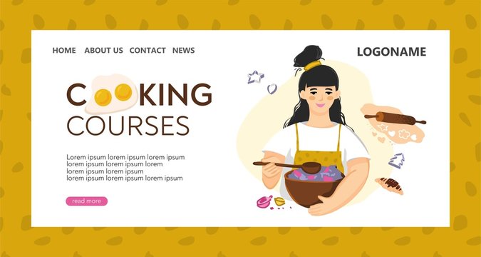 Template of landing page about cooking courses, master classes. Girl with a bowl of salad and kitchen paraphernalia around. Favorite hobby. Cooking training online in quarantine. Vector illustration.