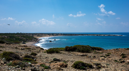 The rocky coast of the Mediterranean Sea on the Akamas Peninsula in the northwest of the island of Cyprus.