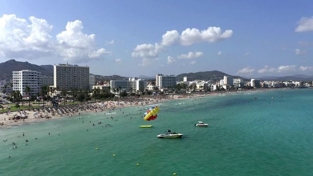 Aerial view, helicopter flight over the bay of Cala Millor and Cala Bona, Manacor region, Mallorca, Ballearen, Spain