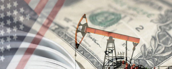 Oil pump on background of US dollar and flag