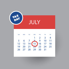 Colorful Tax Day Reminder Concept - Calendar Design Template - USA Tax Deadline, New Due Date for IRS Federal Income Tax Returns: 15 July 2020