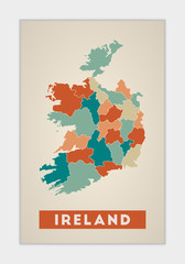 Ireland poster. Map of the country with colorful regions. Shape of Ireland with country name. Creative vector illustration.