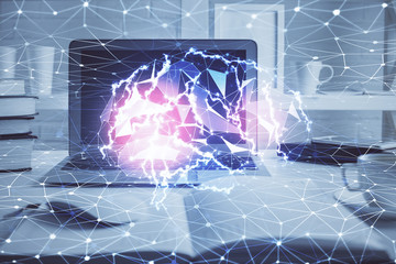 Double exposure of work table with computer and brain sketch hologram. Brainstorming concept.