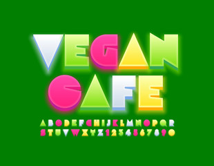 Vector colorful logo Vegan Cafe with creative Font. Bright Alphabet Letters and Numbers