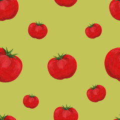 whole red tomato with green hat on a light green background seamless pattern. Hand-drawn seamless print with red tomato. Raster square food print