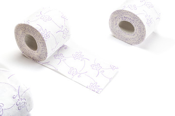 Tissue roll isolated on white. Toilet paper bathroom background. Cleaning concept product photograph for advertising.