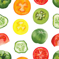 slices of red, yellow, green tomatoes and slices of cucumbers seamless pattern on white. Square raster hand-drawn gouache tomato and cucumber slices in realistic style