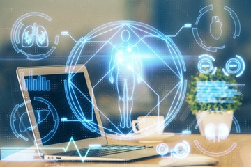 Desktop computer background and education theme drawing. Double exposure. Study concept.