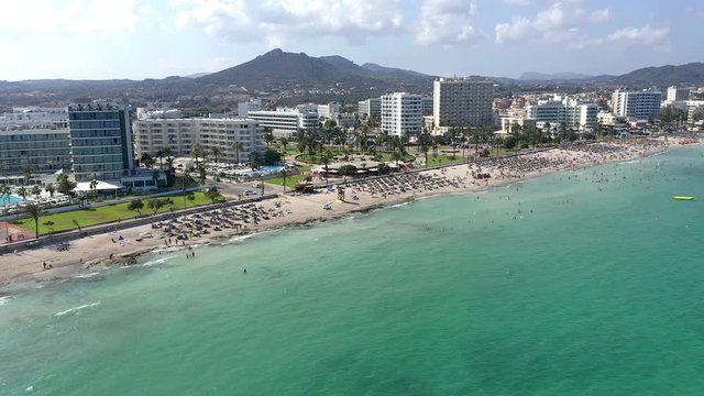 Aerial view, helicopter flight over the bay of Cala Millor and Cala Bona, Manacor region, Mallorca, Ballearen, Spain