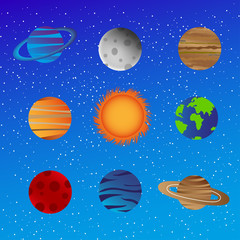 Set of colorful bright planets of the solar system against the background of night sky with stars. Flat style