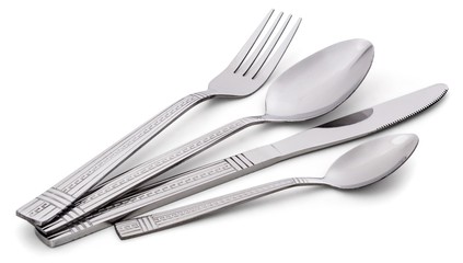 Knife, fork, spoon. Metal cutlery isolated on white background
