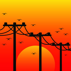 electricity poles silhouette with bird on sunset design vector