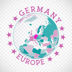 Germany round logo. Badge of country with map of Germany in world context. Country sticker stamp with globe map and round text. Modern vector illustration.