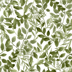 Watercolor botanical seamless pattern with fresh green leaves, greenery and foliage, isolated on white background. Hand drawn leaf, herbs, stems, branches. Natural print for design. Floral texture